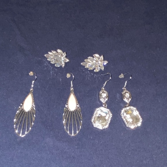 Lot of 3 Pairs Silver Tone Metal Earrings Dangle Stud Cluster Fashion